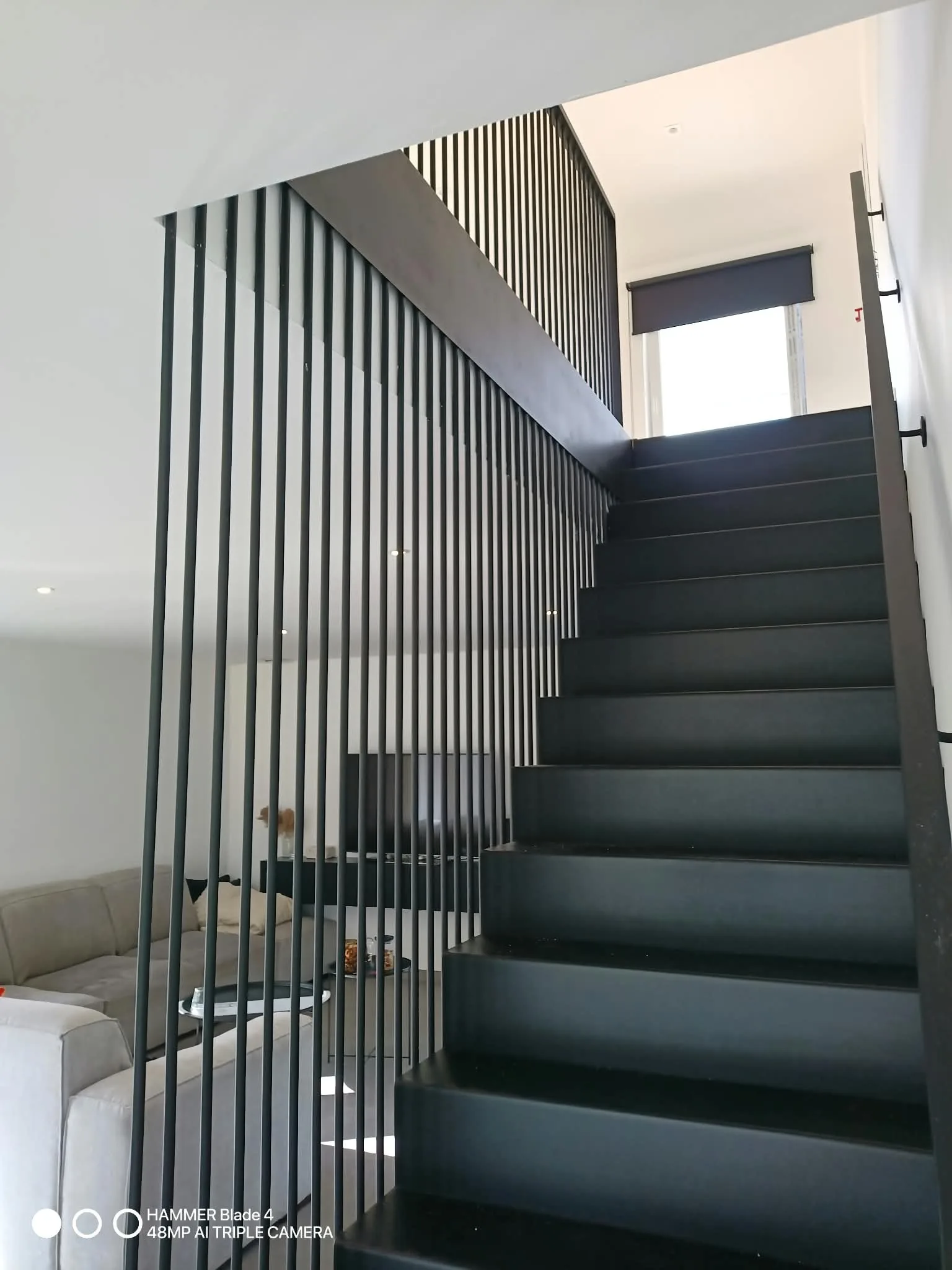 Escalier métallique noir avec garde-corps à barreaux verticaux