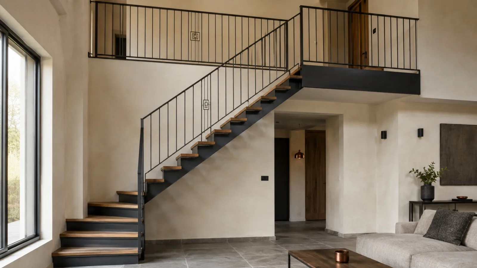 Escalier métallique sur mesure avec marches en bois réalisé par Ferronnerie Koper
