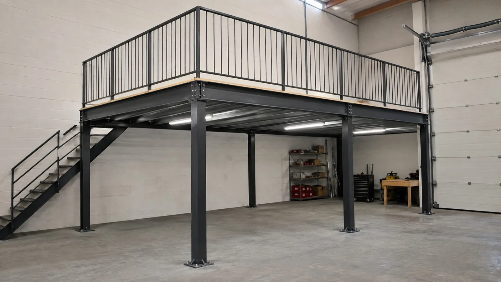 Mezzanine en structure métallique noire réalisée sur mesure par Ferronnerie Koper