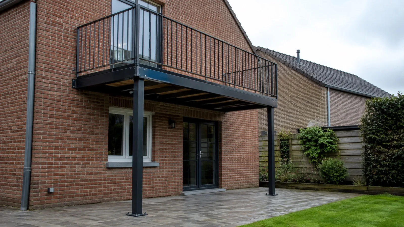 Terrasse surélevée en structure métallique noire fixée à une maison en briques